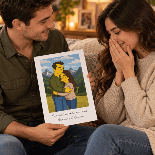 Pareja con su lámina personalizada de caricatura estilo Simpson hecha desde foto, regalo original