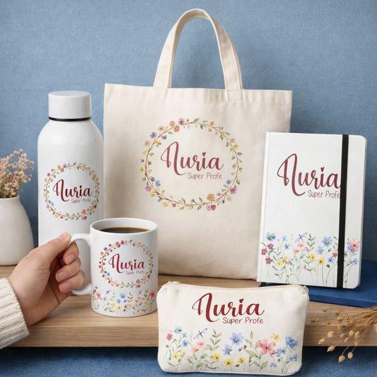 Set floral personalizado para profesora con taza, botella y neceser regalo especial fin de curso