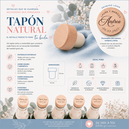 Tapón natural personalizado para regalar como recuerdo en bodas, bautizos, aniversarios y comuniones a los invitados de celebracion