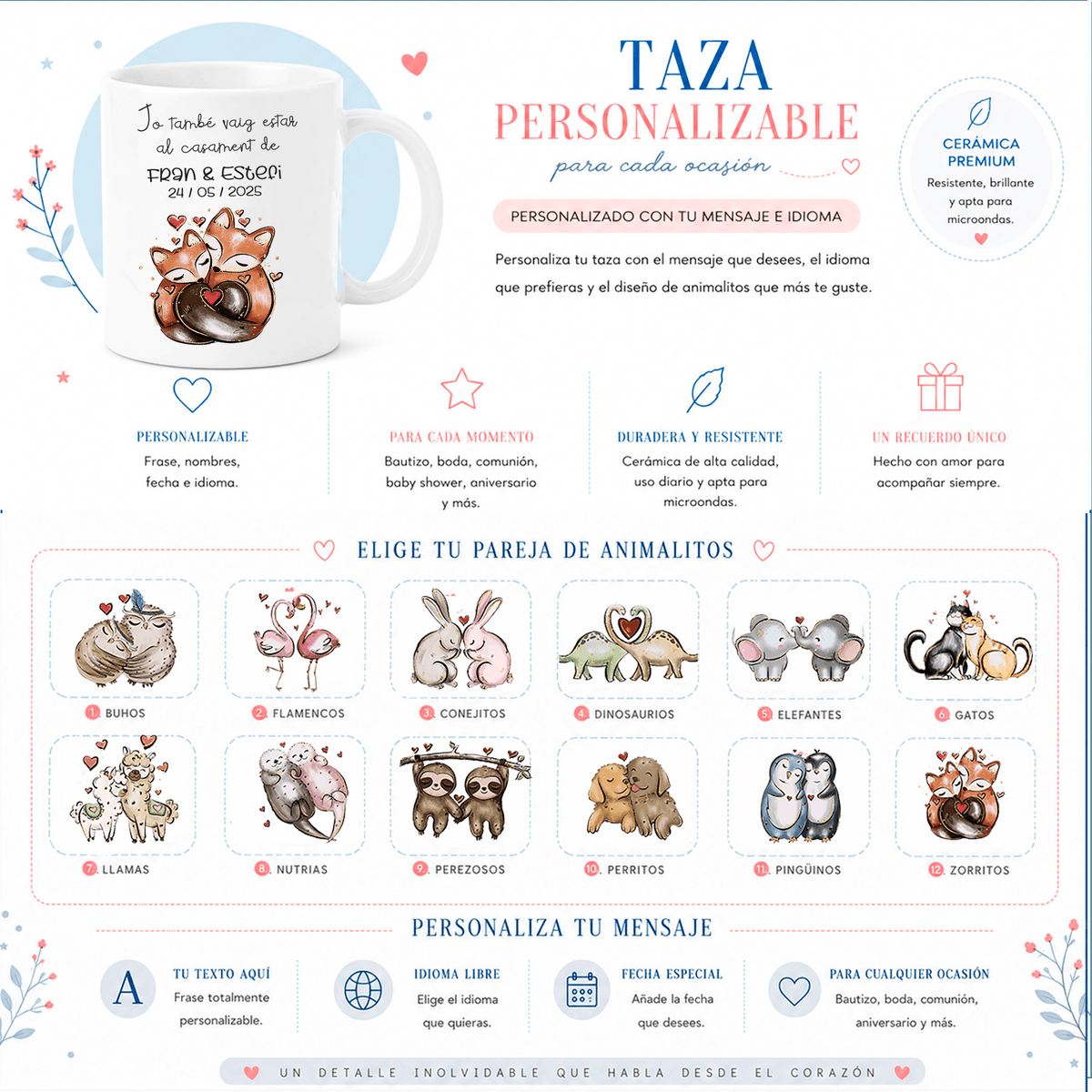 Taza personalizada con diseño de animalitos y texto con fecha, detalle de celebración · De Moi à Toi