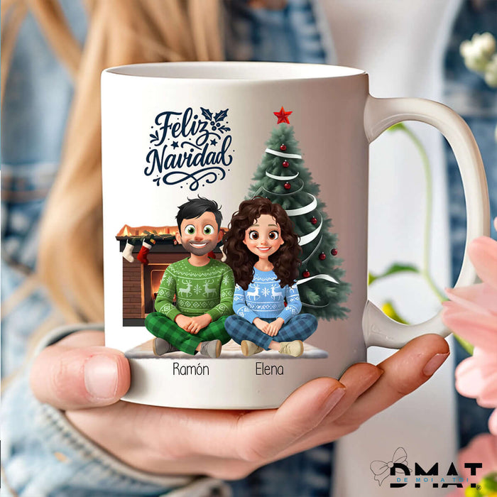 Taza personalizada de Navidad con ilustración pareja, familia y mascotas