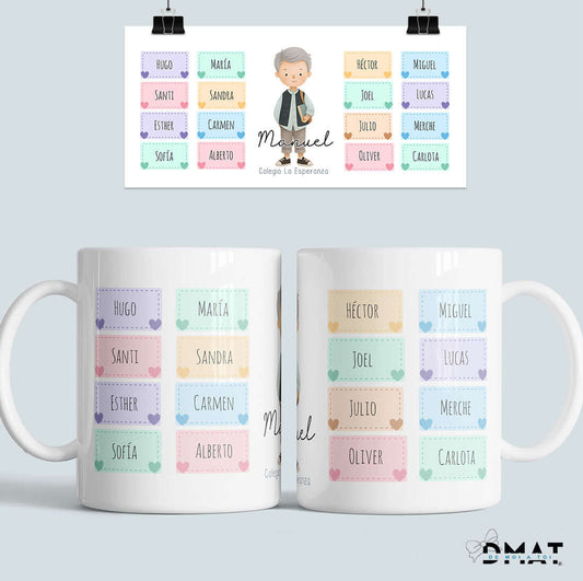taza maestra con nombres de alumnos – diseño stickers divertido