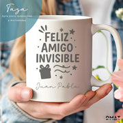 taza cerámica feliz amigo invisible personalizada con nombre – detalle navideño