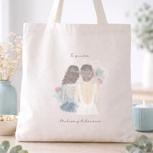 Totebag personalizada con ilustración de novia y dama de honor con arco floral – Regalo boda