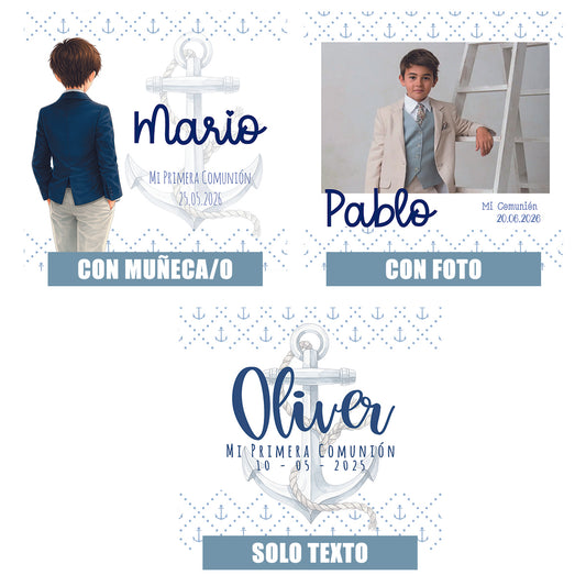 Opciones de personalización para detalles de comunión: diseño con muñeco ilustrado, con foto del niño o niña, con ilustración infantil personalizada o solo texto con nombre y fecha.