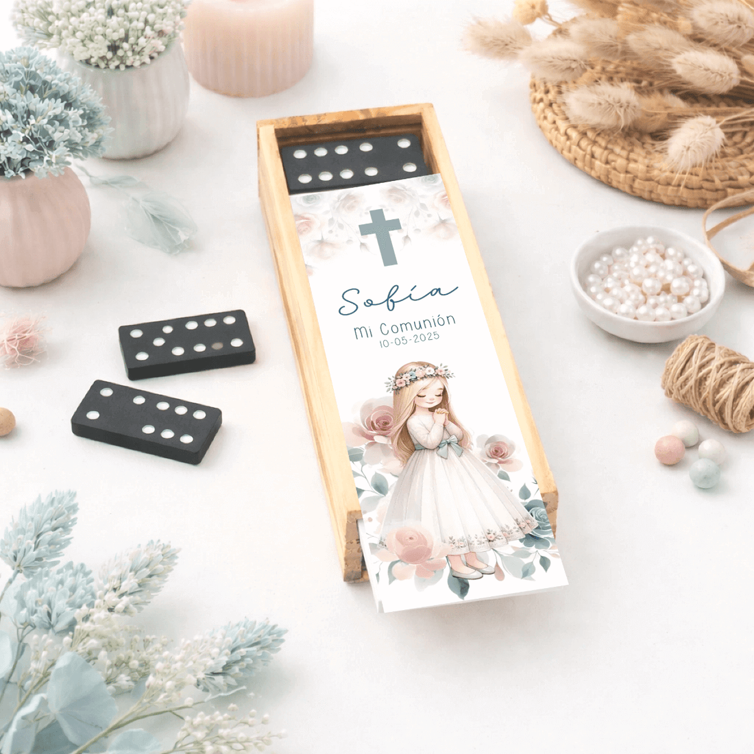 Dominó de madera impreso personalizado como detalle de comunión para niña - Regalo original para invitados