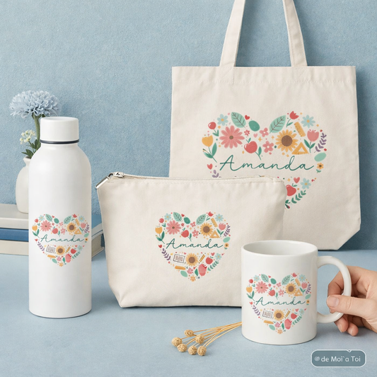 Pack regalo profesora personalizado fin de curso con nombres de todos los alumnos de la clase, diseño floral