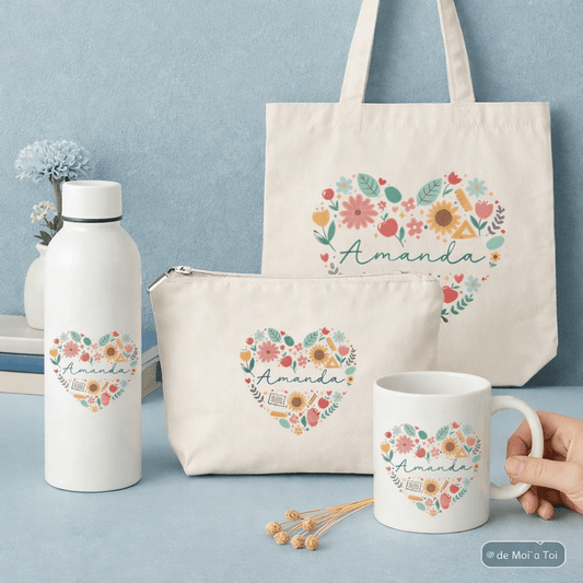 Pack regalo profesora personalizado fin de curso con nombres de todos los alumnos de la clase, diseño floral