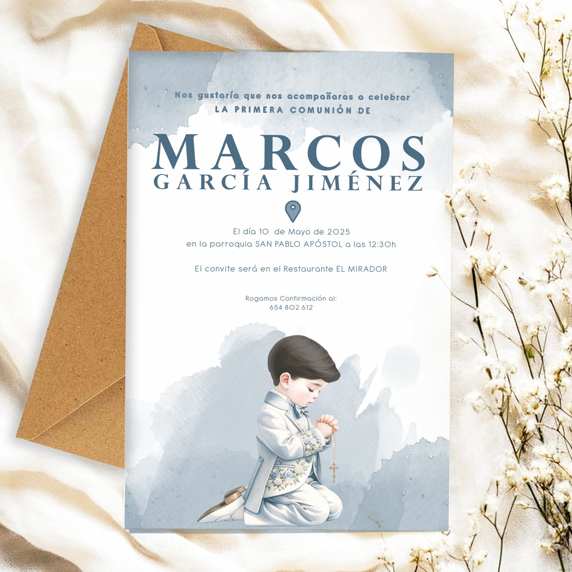 Detalles de comunión con diseño de niño editable 