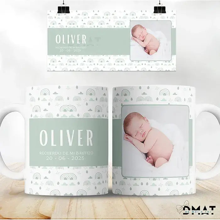 Taza personalizada con nombre y foto como recuerdo de bautizo