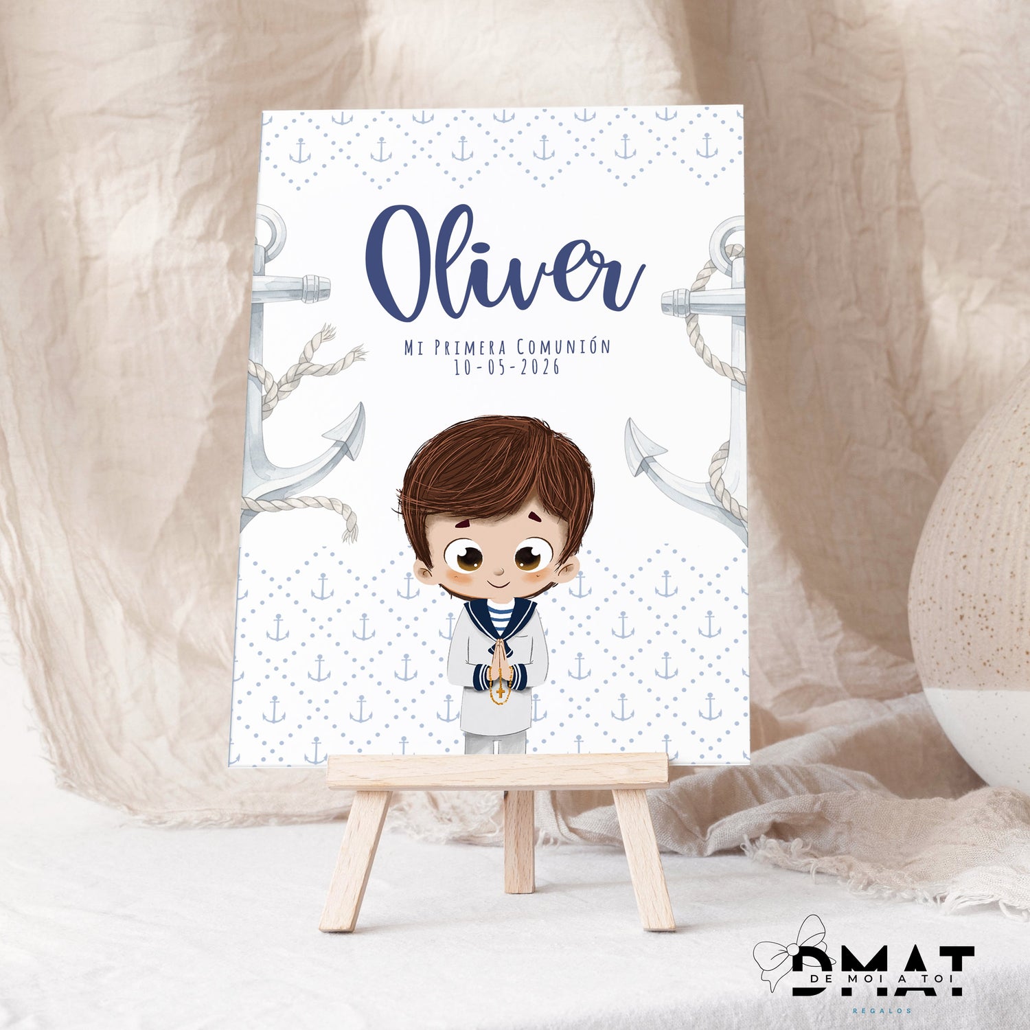 Diseño Marinero de comunión personalizado con muñeco editable