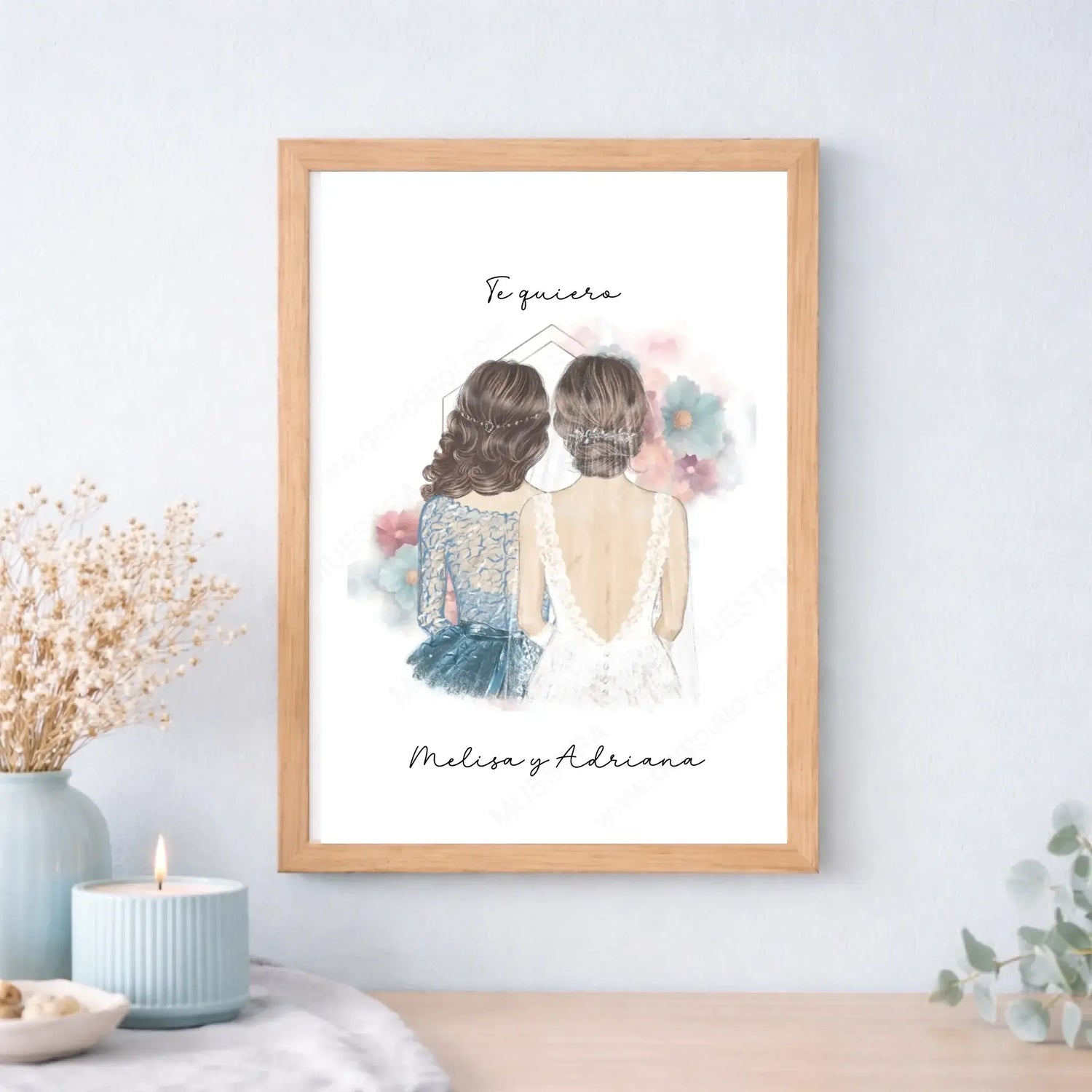 Láminas personalizadas ilustración editables online A4 A3 opción marco madera bodas bautizos