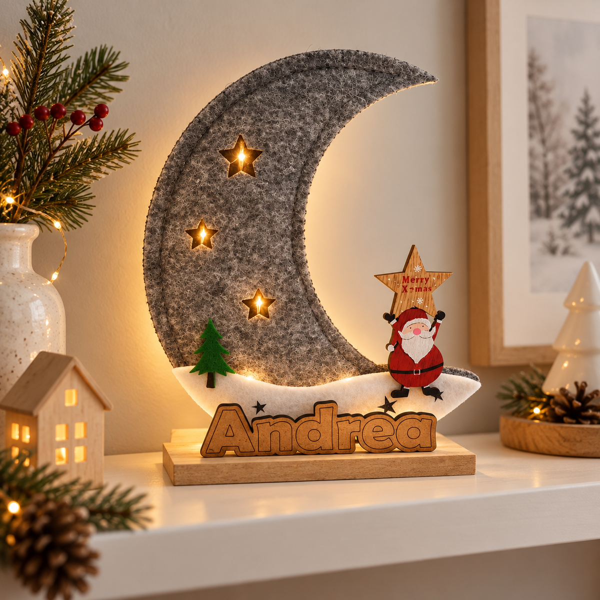 Luna de fieltro decorativa con luces LED y Papá Noel, personalizada con nombre · Decoración navideña De Moi à Toi