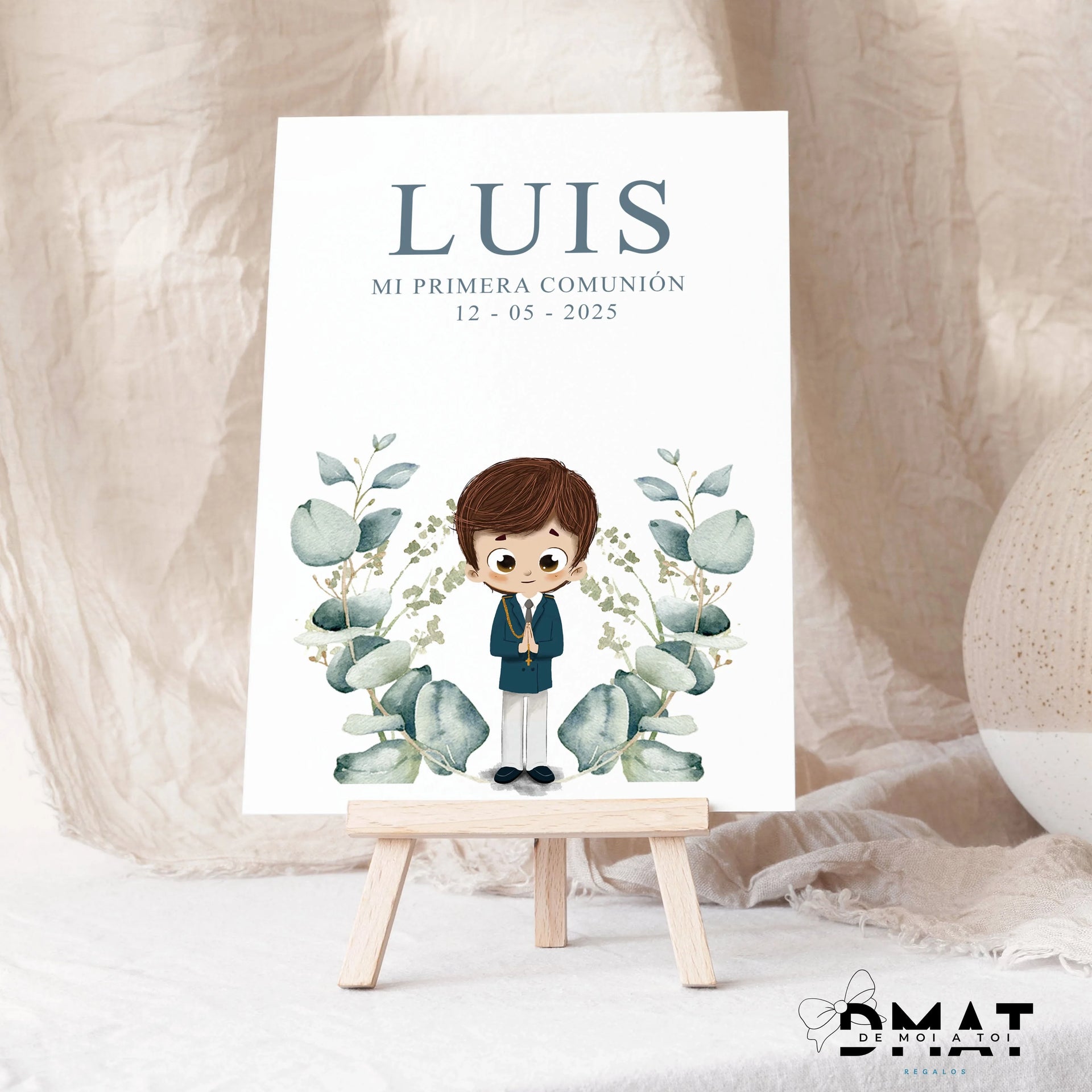 Recuerdo de comunión natural con eucalipto acuarela