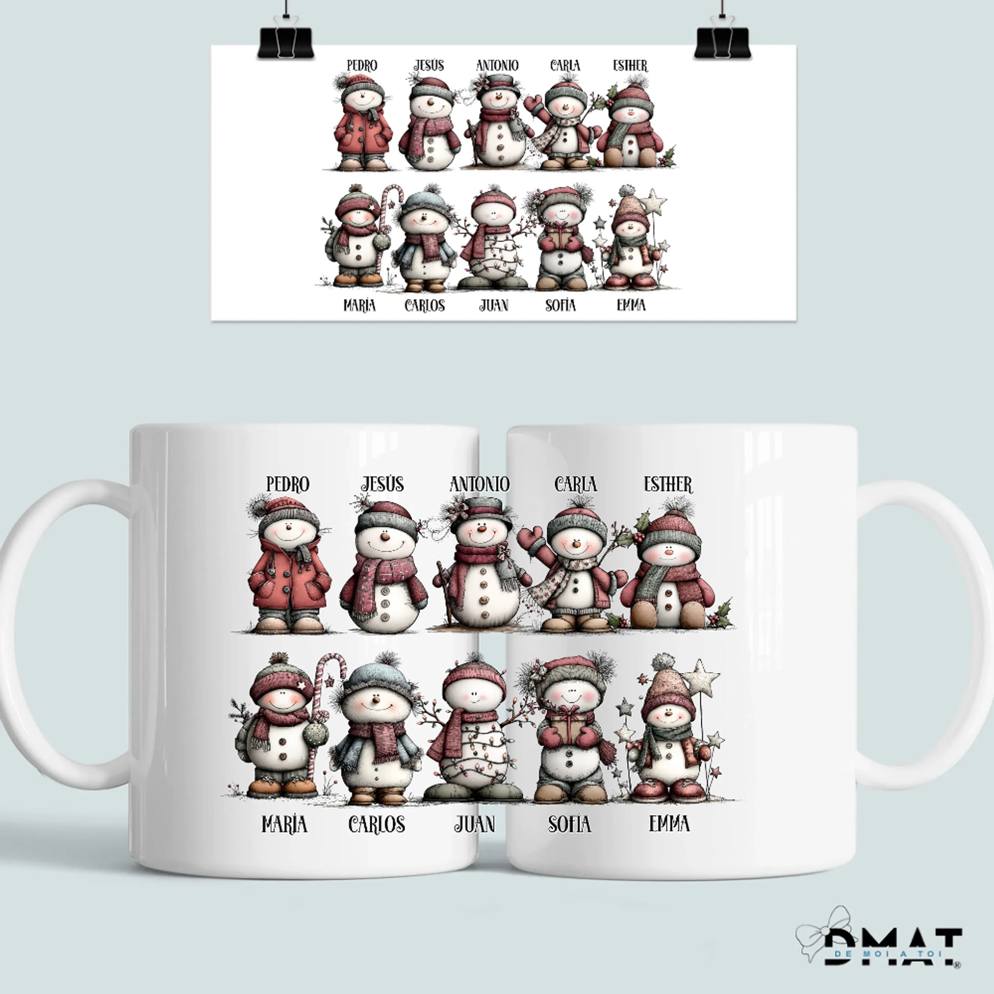 taza navideña con nombres – ilustración muñecos de nieve personalizados