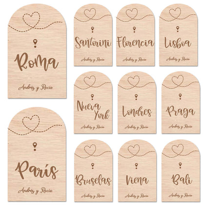 Meseros de Boda Madera Personalizados Diseño Viajeros - Países o ciudades