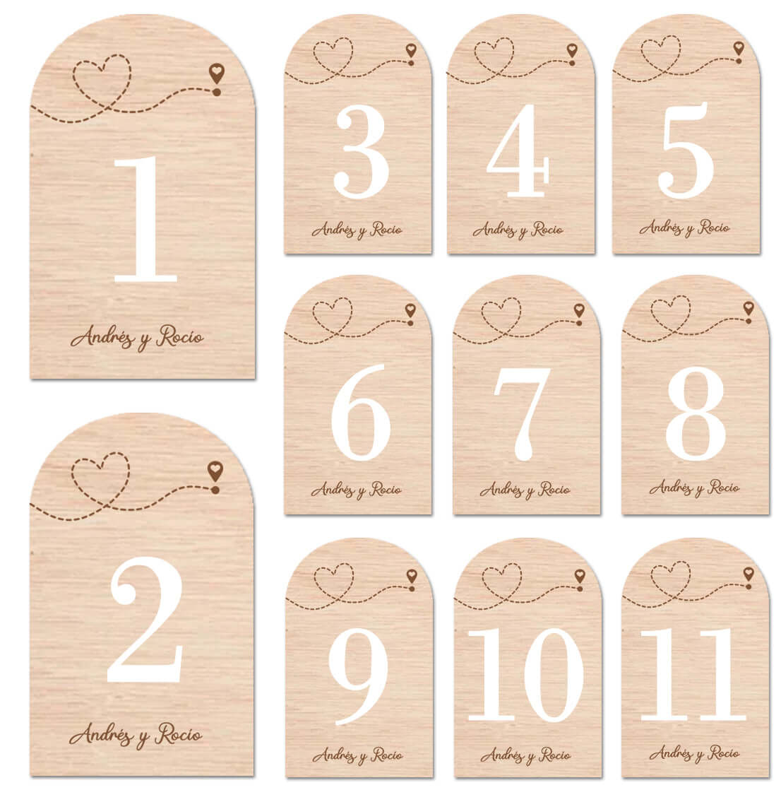 Meseros de Boda Madera Personalizados Diseño Viajeros con Números