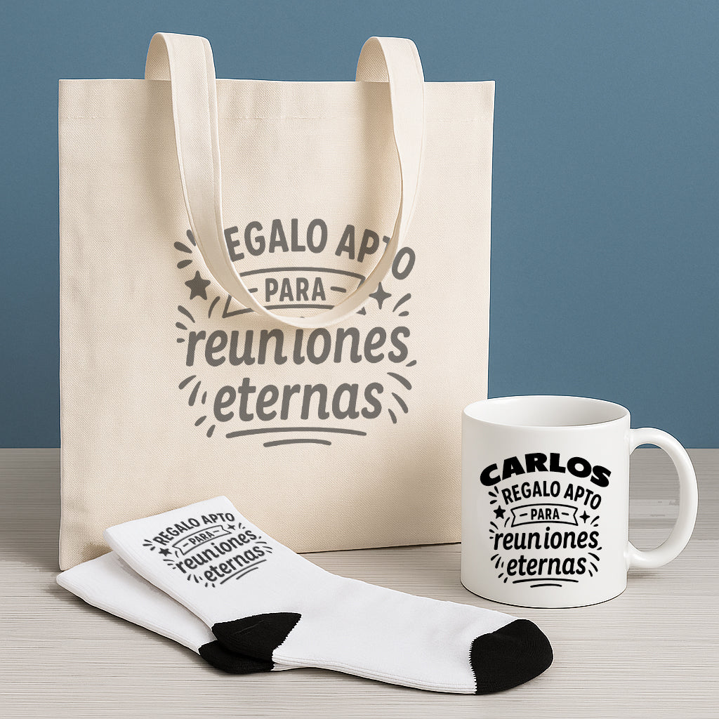 Set de regalo personalizado “Reuniones Eternas” – Amigo Invisible y compañeros