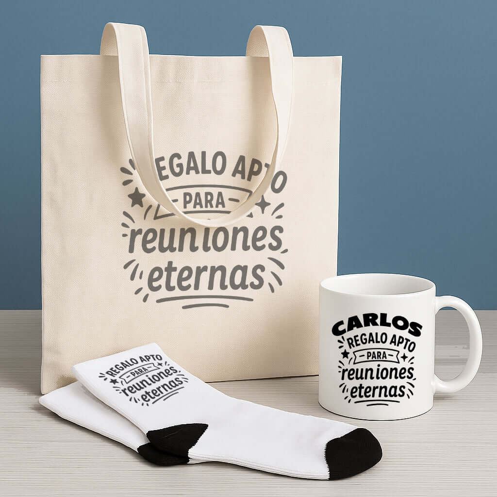 Set de regalo personalizado “Reuniones Eternas” – Amigo Invisible y compañeros