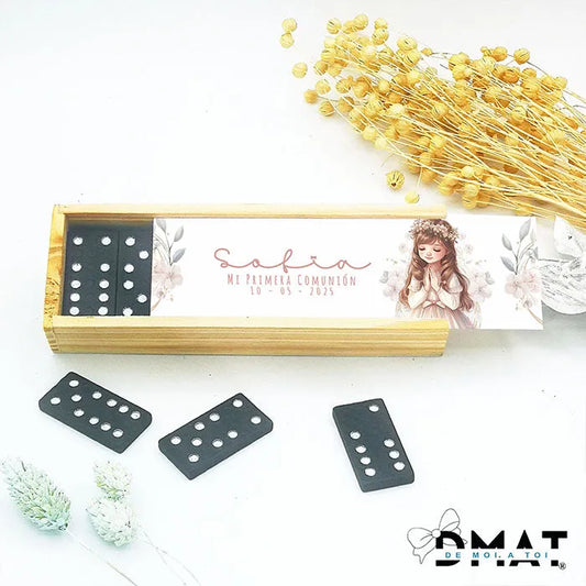 Dominó de madera personalizado como regalo de invitados comunión niña - de moi a toi
