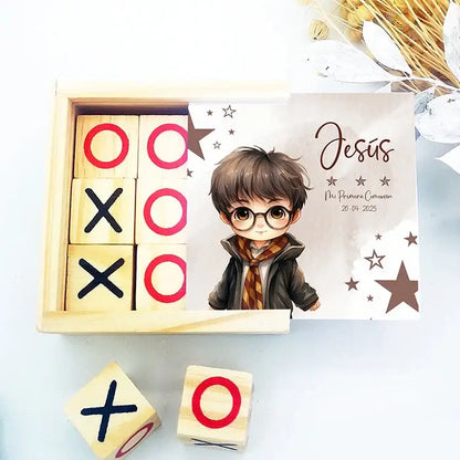 3 en raya personalizado comunión diseño escuela de magia, detalle para invitados