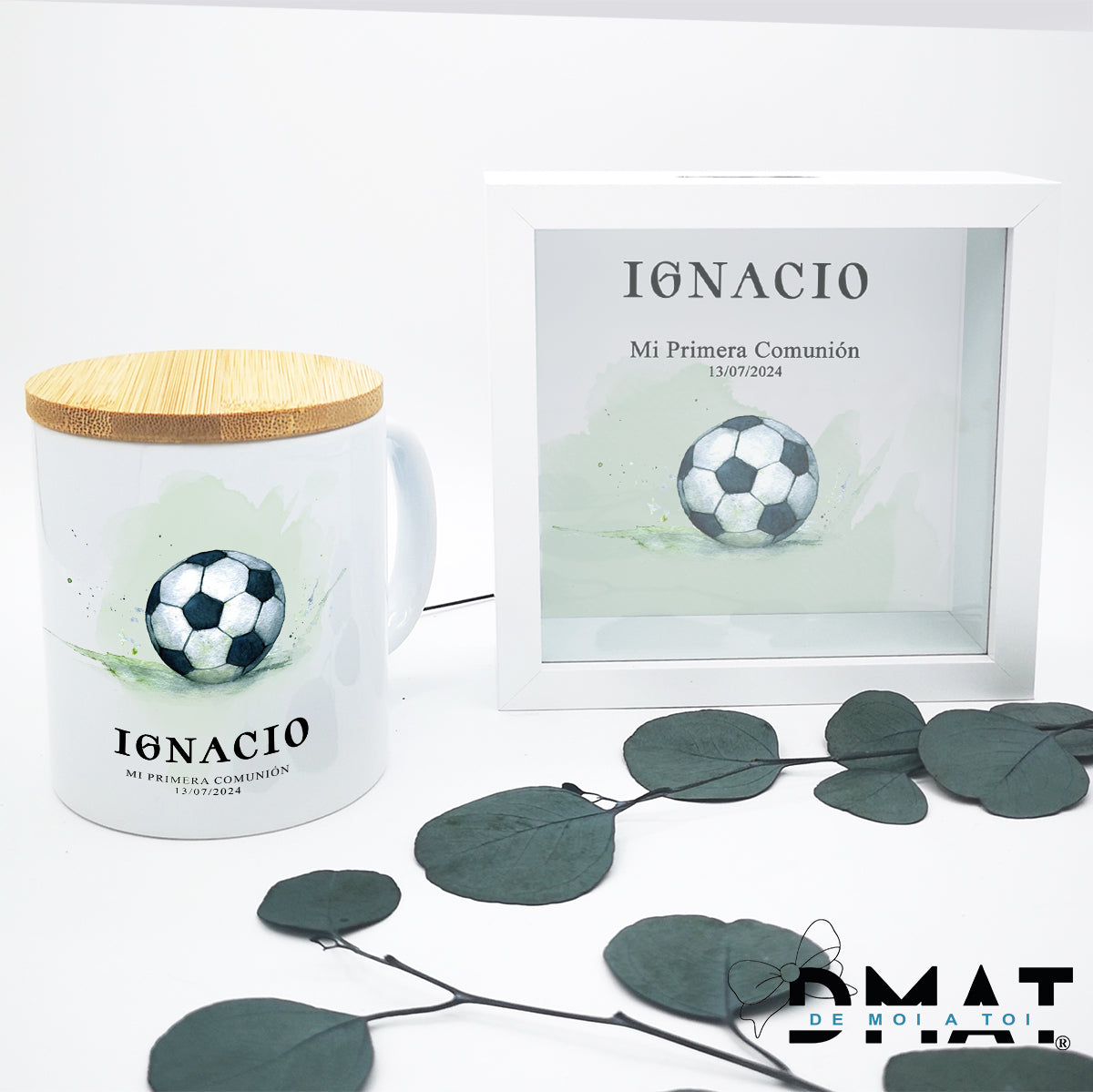 Set de regalo de comunión niño personalizado con temática futbol-de moi a toi