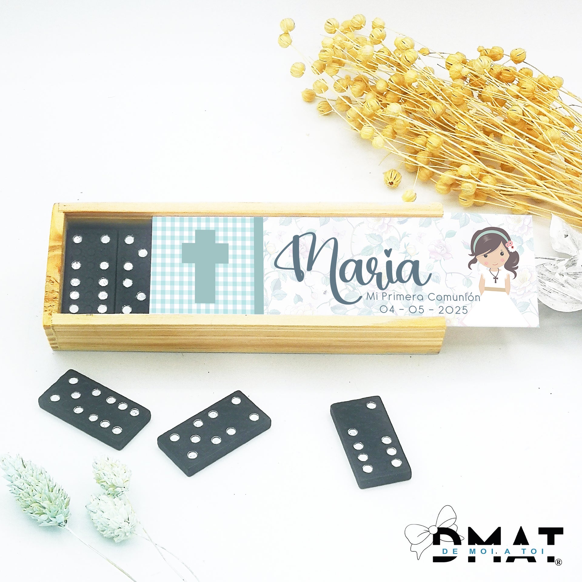 Dominó - Juego de madera personalizado como detalle de invitados de comunión niña - De moi a toi