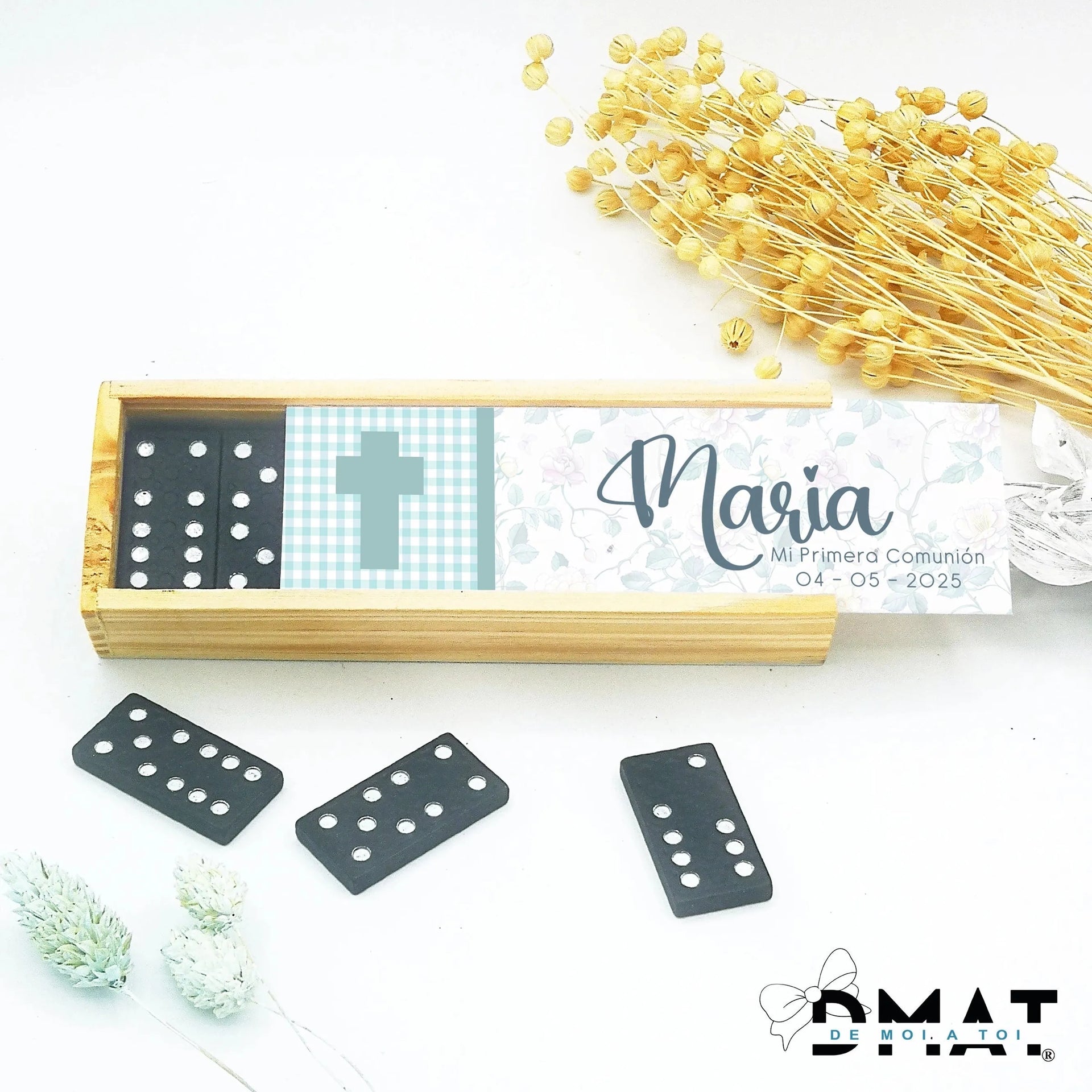 Dominó - Juego de madera personalizado como detalle de invitados de comunión o bautizo niña - De moi a toi
