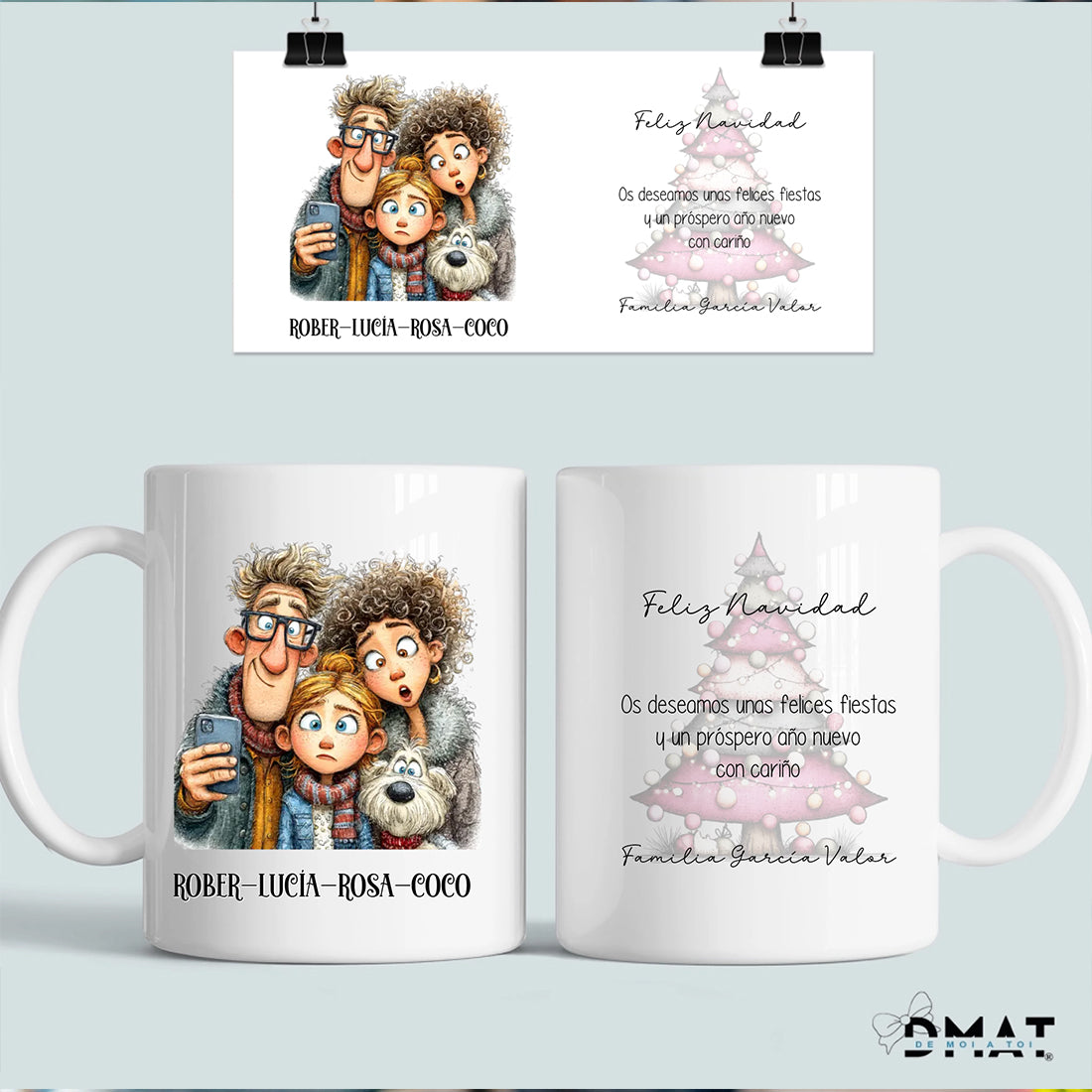 taza navideña personalizada como felicitación de navidad original con caricatura, nombres y dedicatoria  