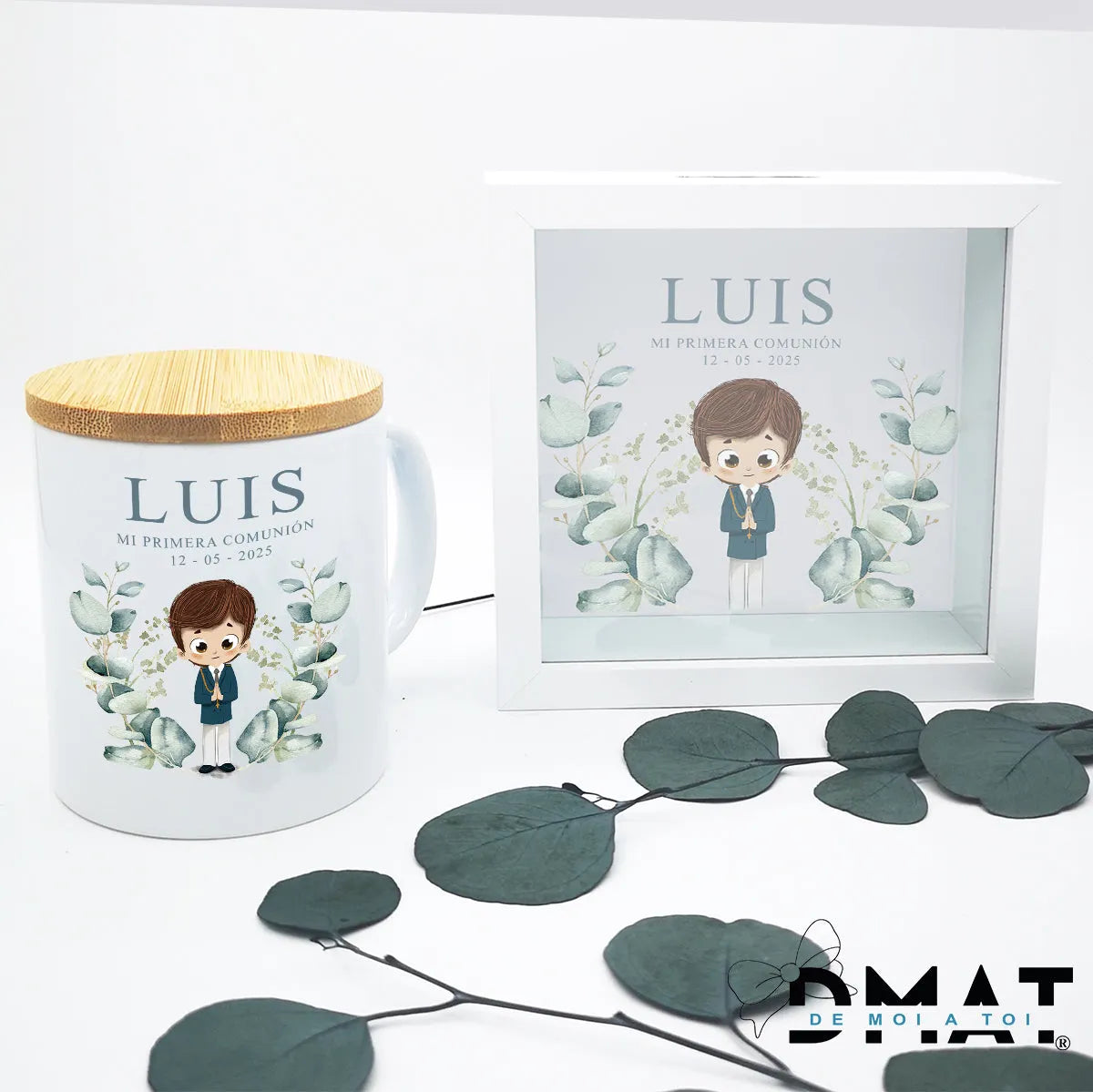 Kit regalo comunión Hucha y Taza - Natural acuarela