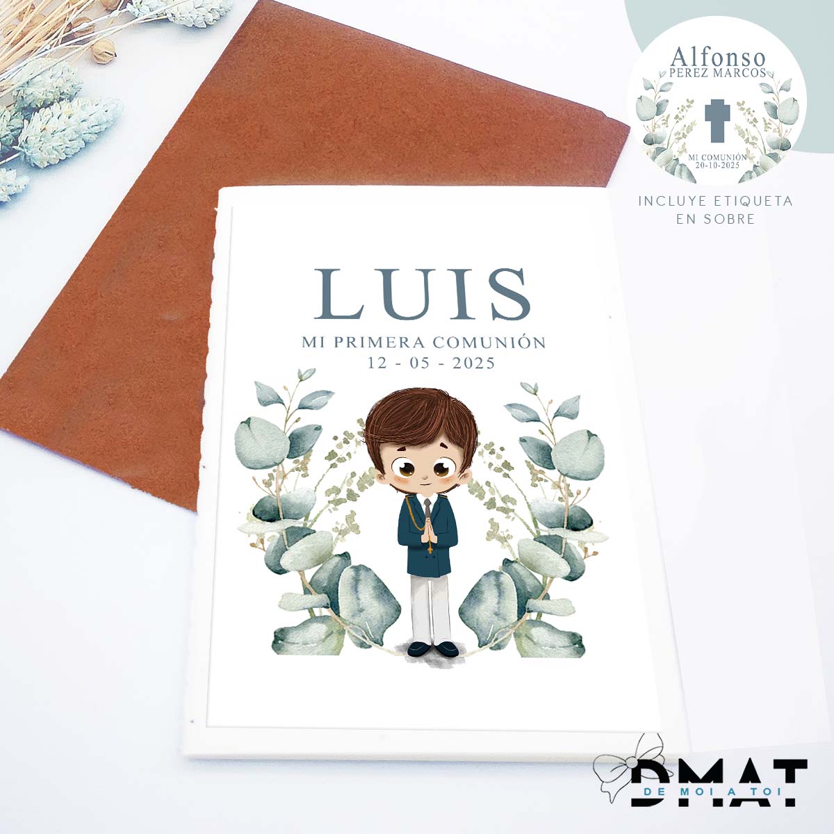 Detalle de invitados de comunión natural y personalizado - De moi à toi