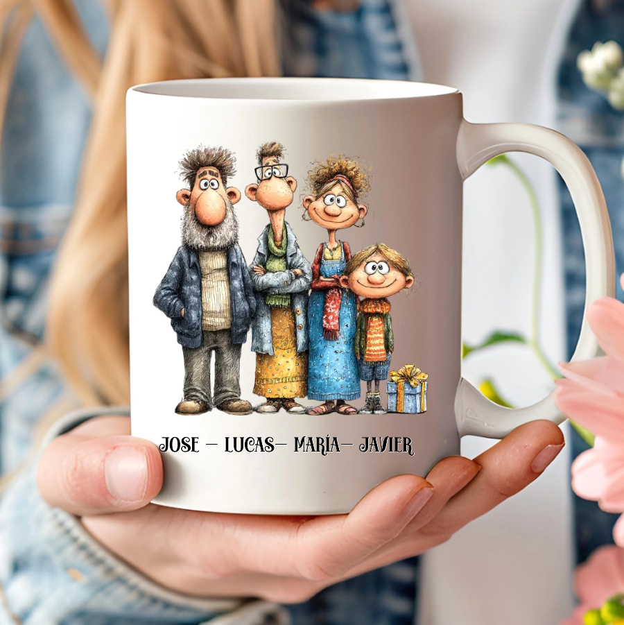 Taza personalizada con dibujo de familia nombres y dedicatoria como felicitación original de navidad - De moi a toi