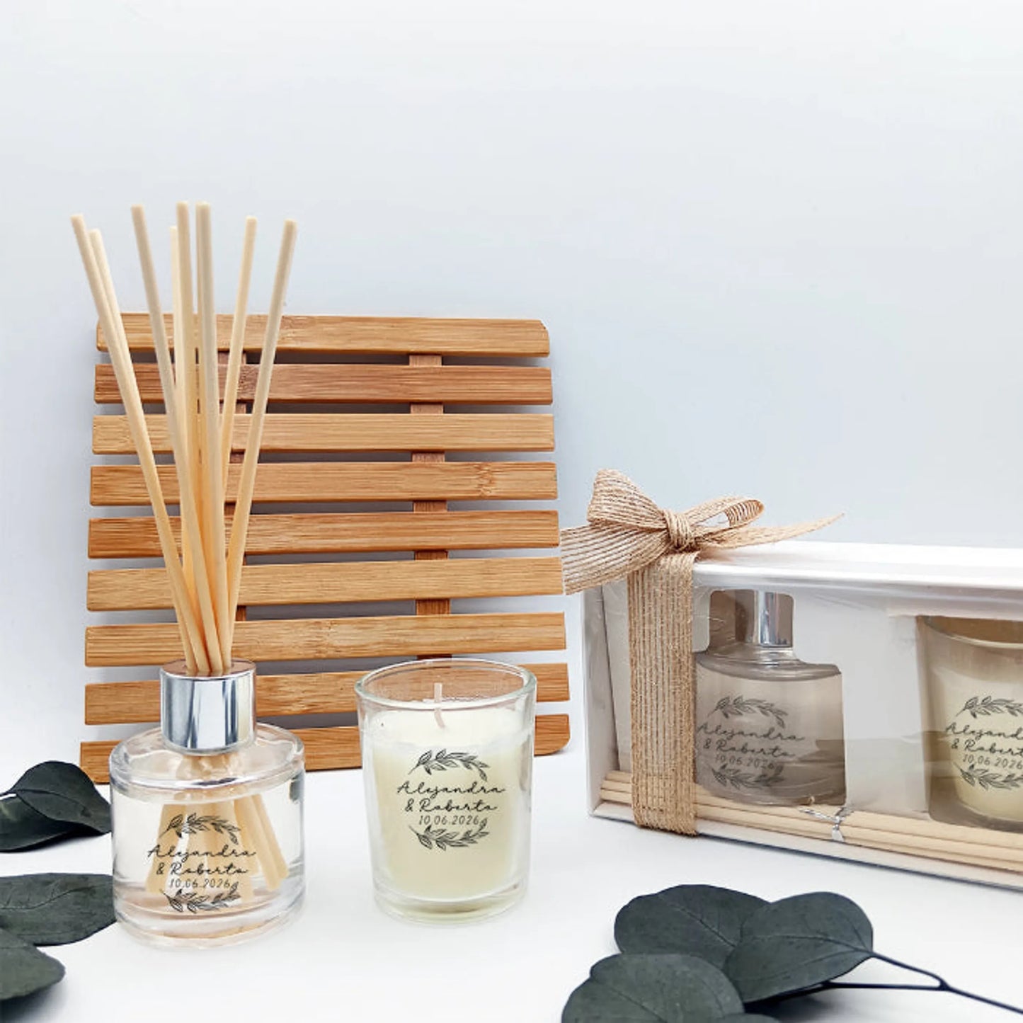 Detalle para invitados de boda - Vela y mikado personalizado