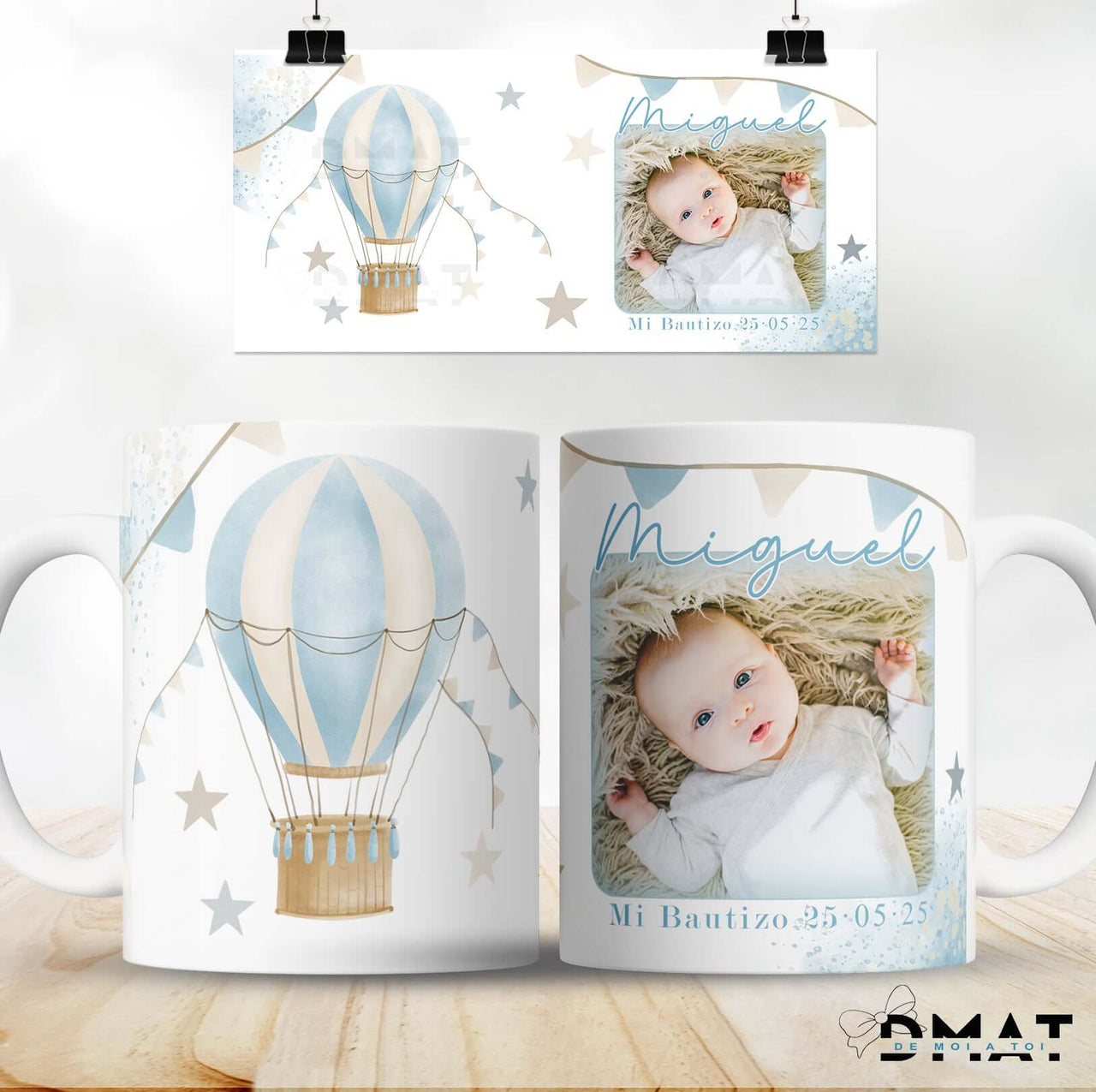 Taza personalizada diseño globo boho para bautizo y bebé