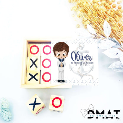 3 en raya marinero personalizado para comunión, detalle de invitados