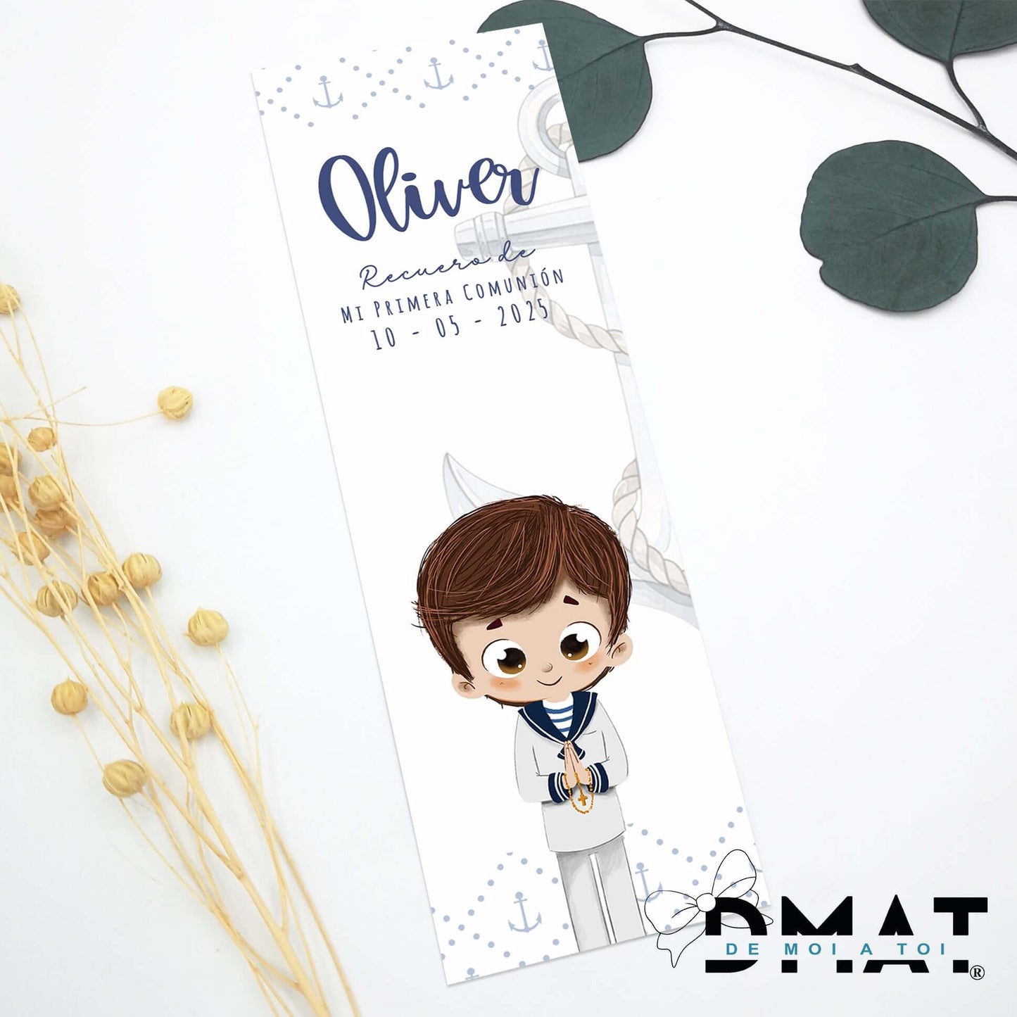 Recordatorio económico marinero para comunión niño con dibujo editable