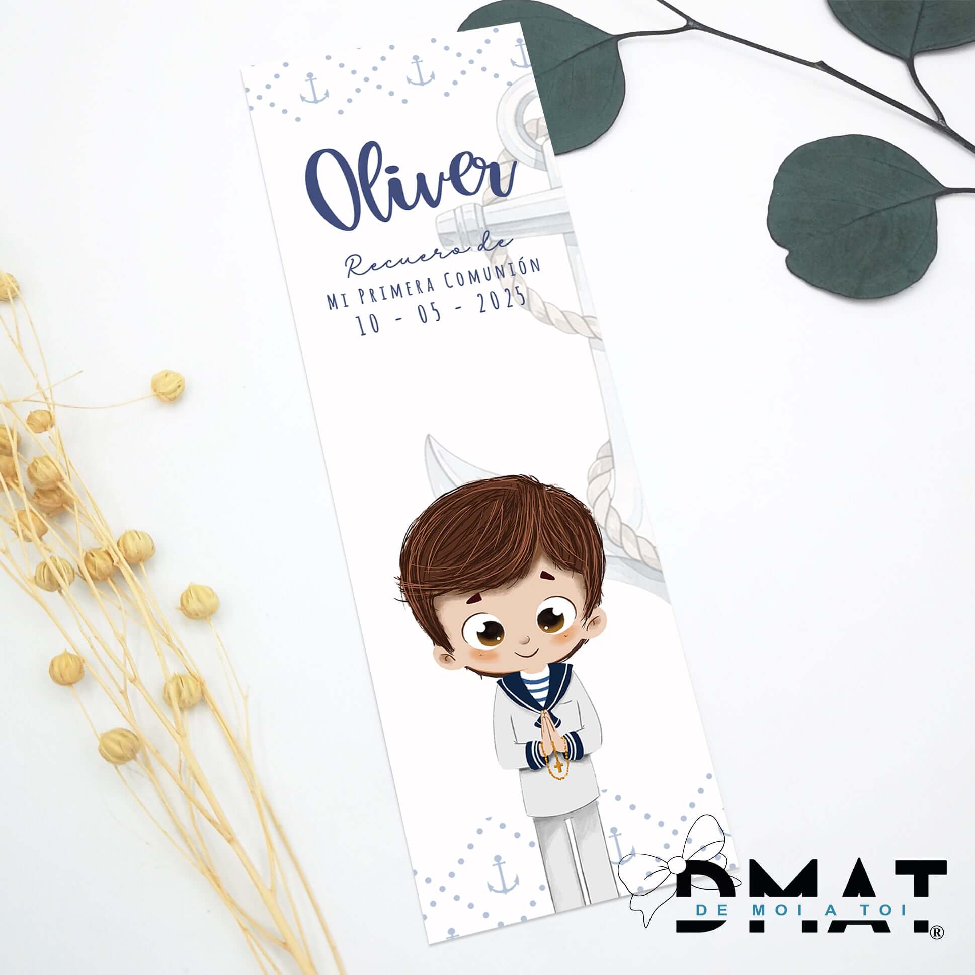 Recordatorio económico marinero para comunión niño con dibujo editable