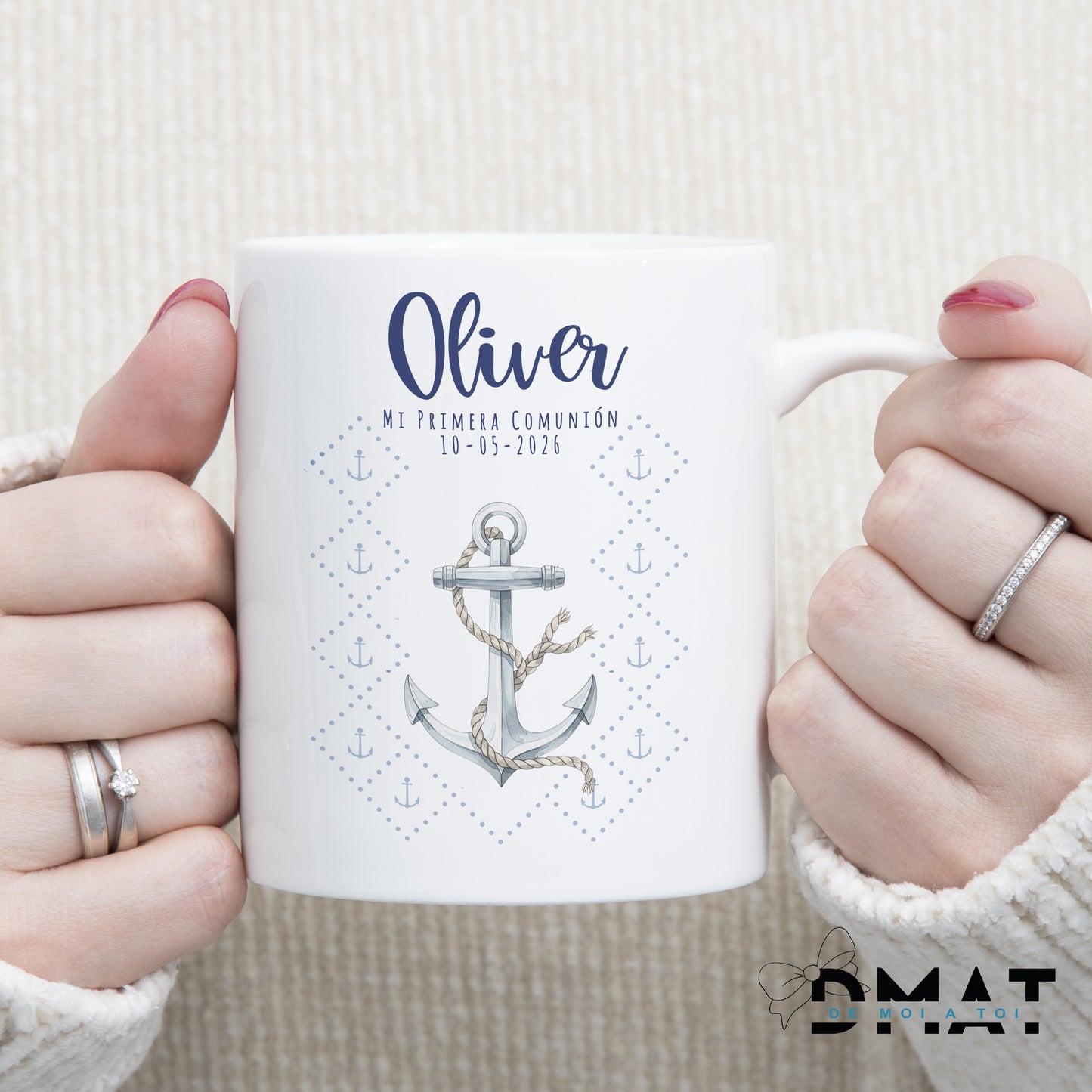 Taza marinera personalizada con ancla o muñeco editable para comunión