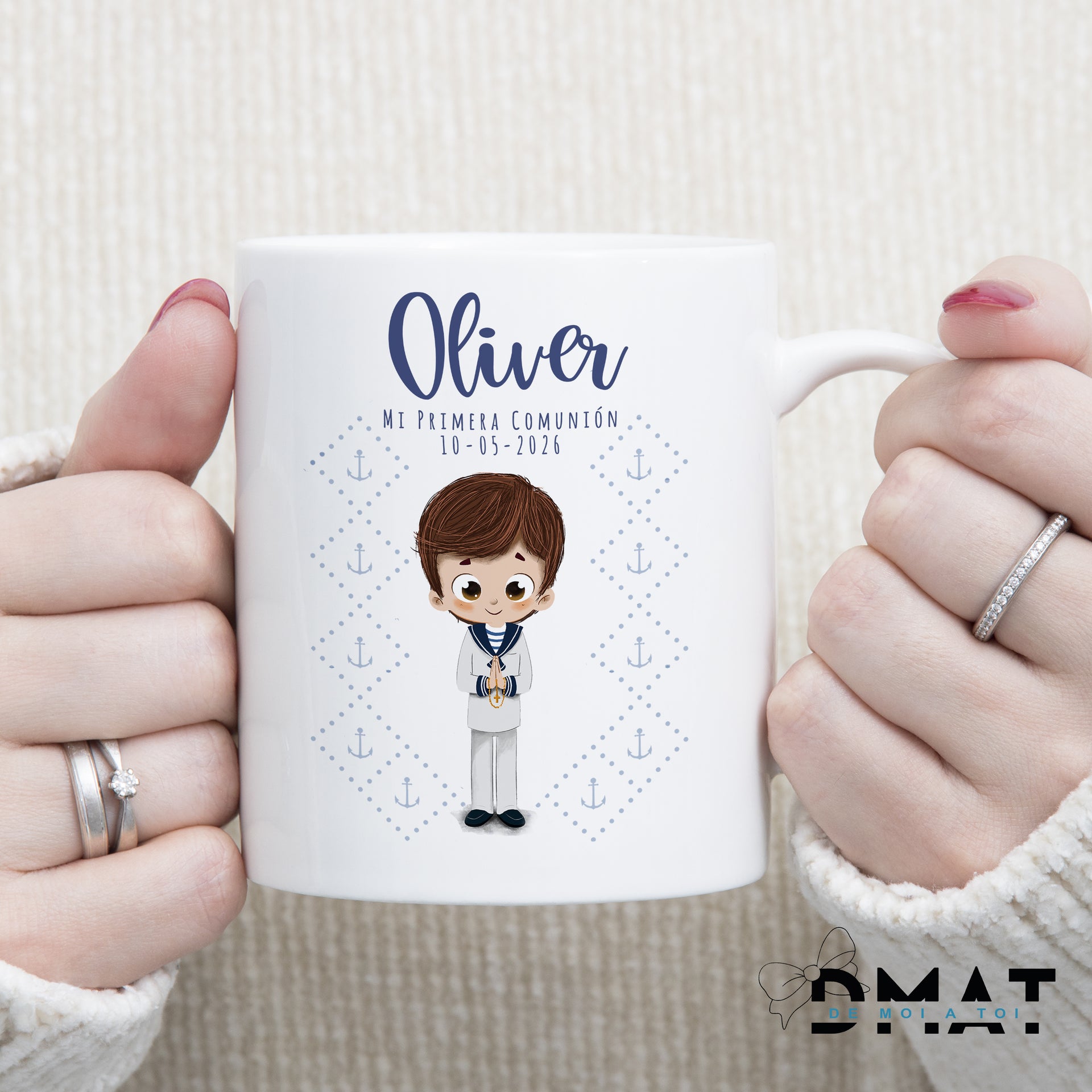 Taza marinera personalizada con muñeco editable para comunión