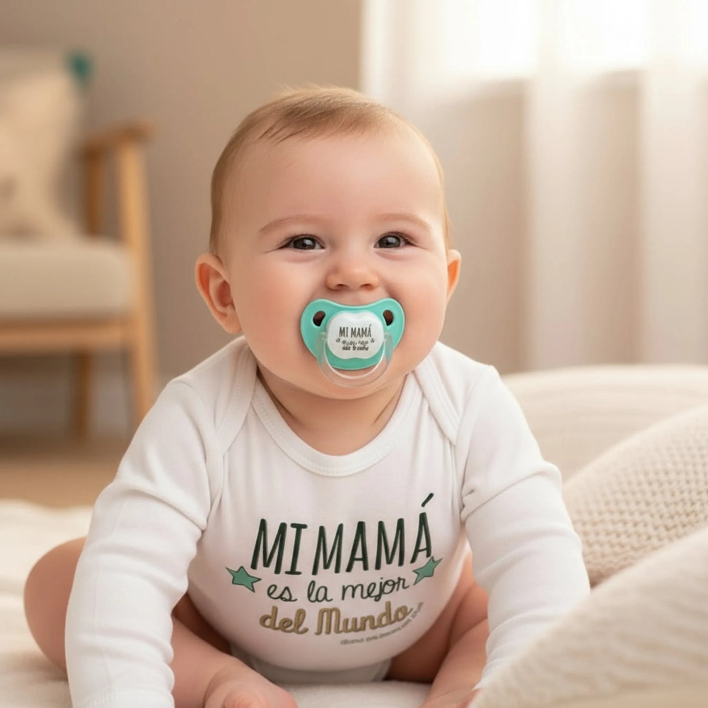 Set de regalo para bebé con body estampado, chupete menta y caja decorativa, ideal para el Día de la Madre.