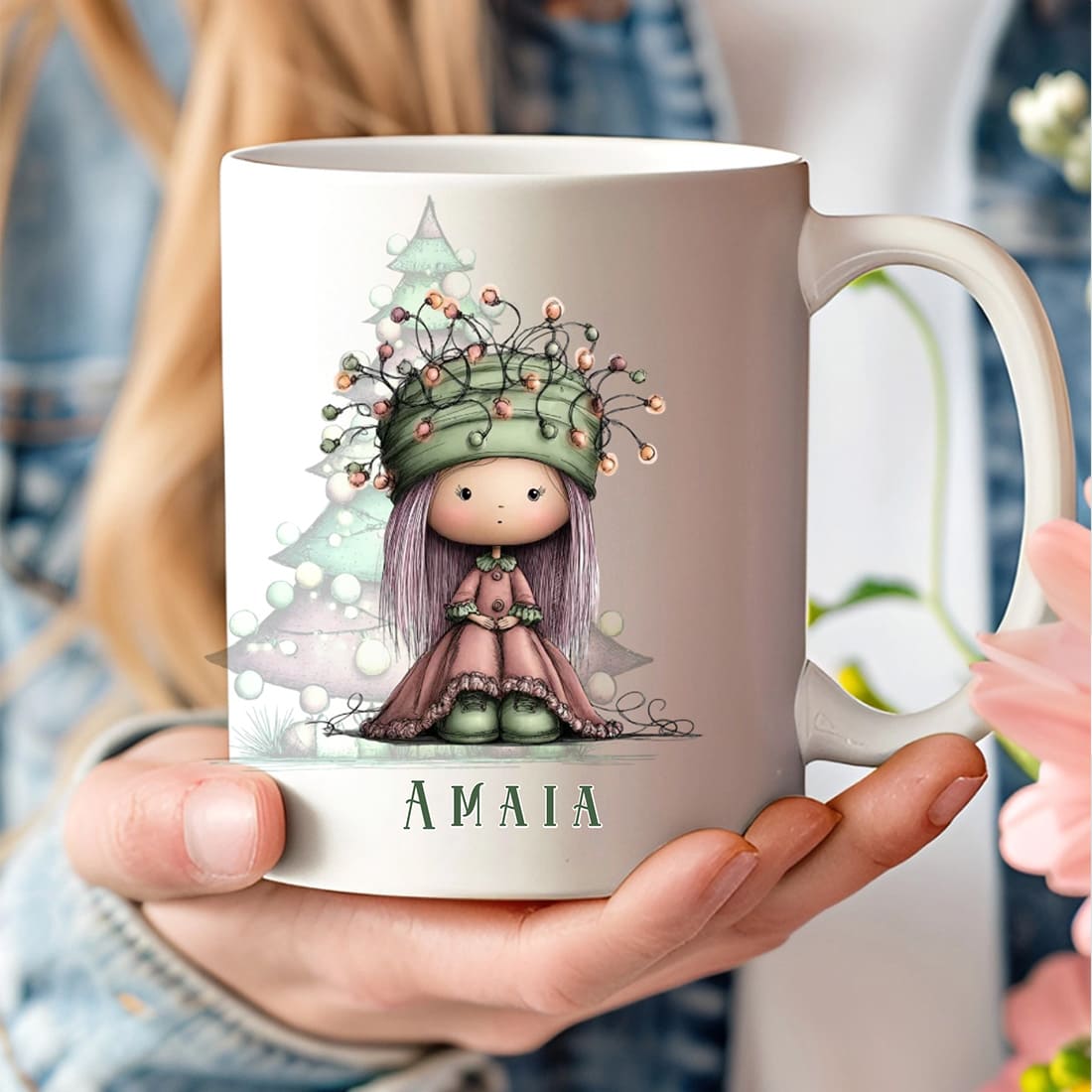 taza con nombres y personajes infantiles como regalo original – diseño navideño de niñas  