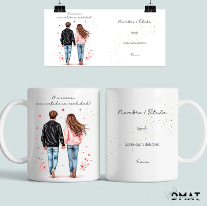 taza personalizada pareja con fondo de corazones