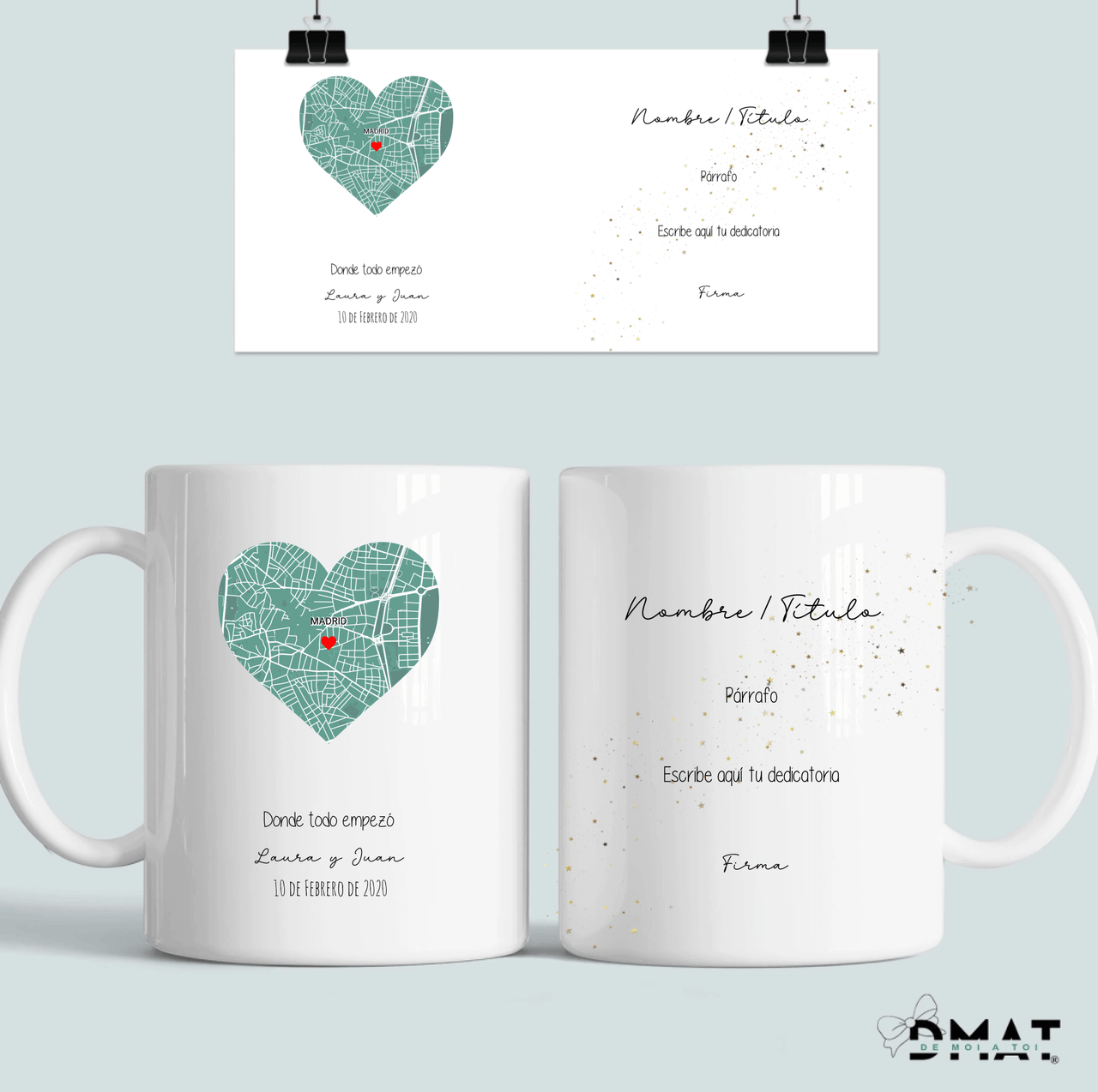 Taza personalizada con mapa de constelaciones en forma de corazón.  
El cielo del amor convertido en un recuerdo único y lleno de emoción.
