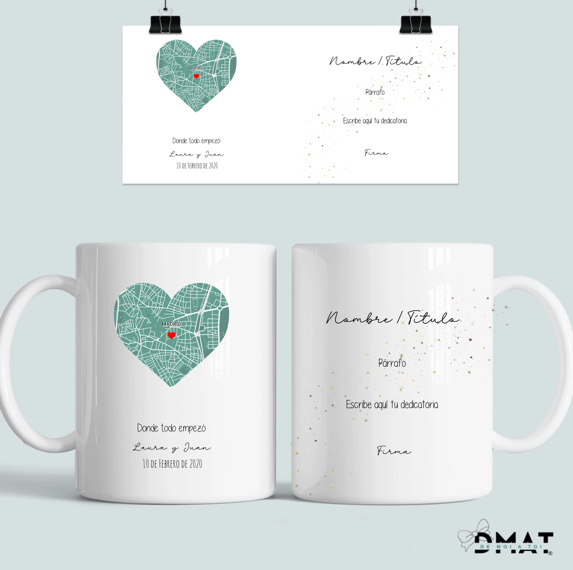 Taza personalizada con mapa de constelaciones en forma de corazón.  
El cielo del amor convertido en un recuerdo único y lleno de emoción.
