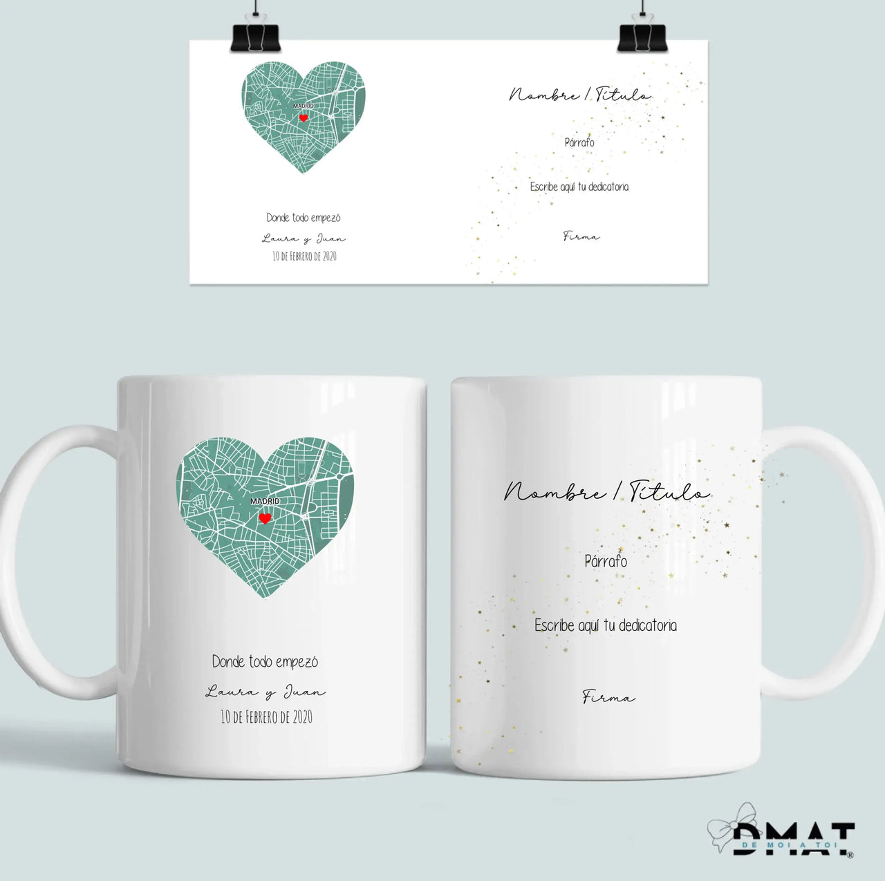 Taza personalizada con mapa de constelaciones en forma de corazón.  
El cielo del amor convertido en un recuerdo único y lleno de emoción.
