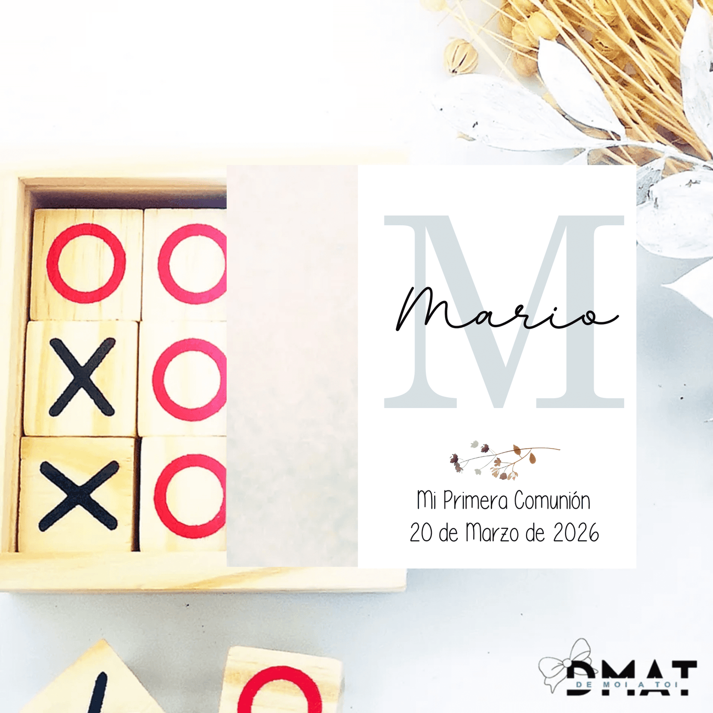 Detalles de comunión para invitados – 3 en raya personalizado INICIAL