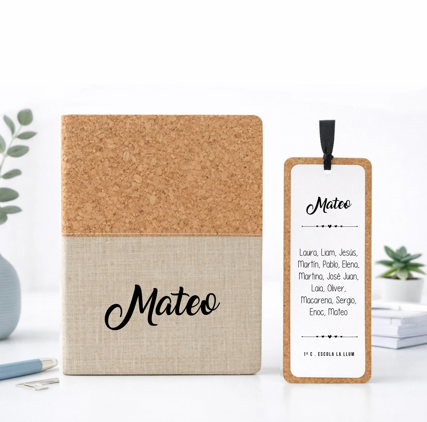 Cuaderno personalizado de corcho y algodón con marcapáginas y bolígrafo eco