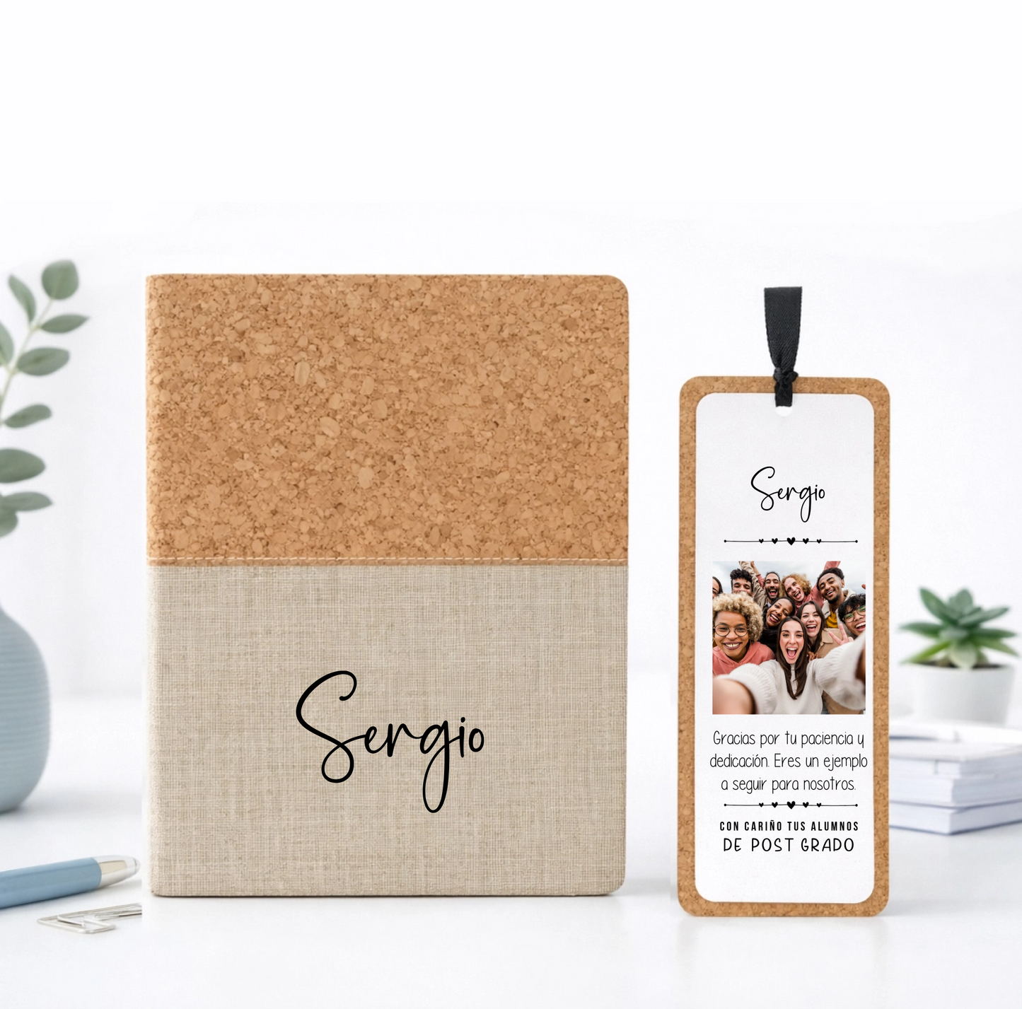 Cuaderno personalizado de corcho y algodón con marcapáginas y bolígrafo eco