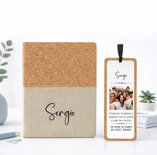 Cuaderno personalizado de corcho y algodón con marcapáginas y bolígrafo eco