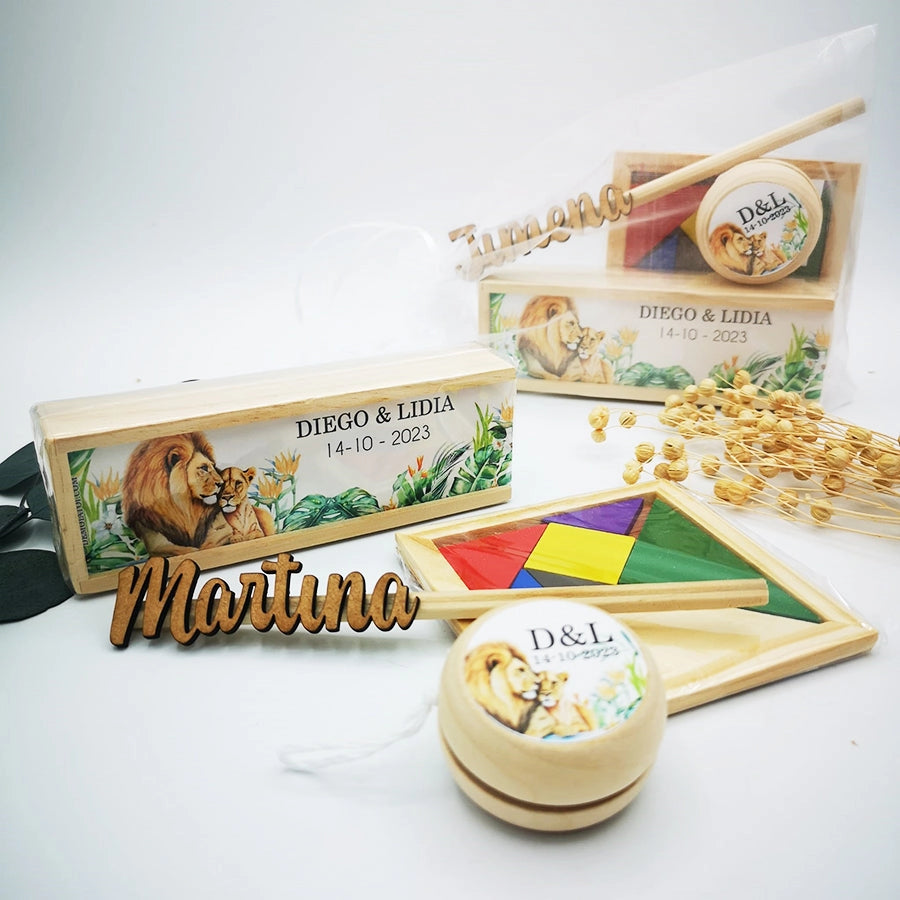 Pack juegos de madera personalizados para invitados infantiles